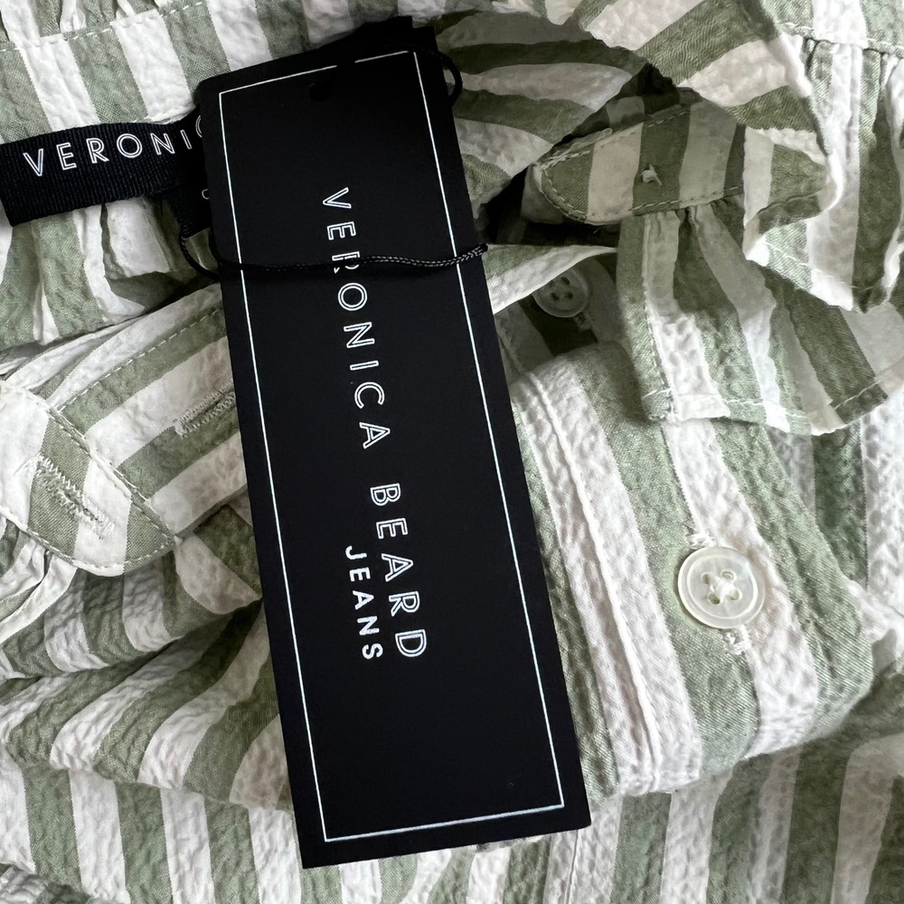 Veronica Beard Calisto Striped Ruffle Neck Button Up Shirt Seersucker 0 = XS NEW - Picture 7 of 11